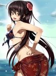  1girl bikini black_hair brown_eyes character_request flower from_behind hair_flower hair_ornament highres iyoda_mato long_hair looking_back ponytail sarong swimsuit 