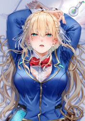  1girl aqua_eyes bed blazer blonde_hair blue_jacket blush bow bowtie bra bra_visible_through_clothes braid breasts brown_skirt collared_shirt commission eyelashes hair_ribbon half_up_braid heaven_burns_red highres jacket large_breasts long_hair noir_(nowaru) open_mouth pink_bra plaid_clothes plaid_skirt pleated_skirt red_bow ribbon school_uniform see-through_clothes see-through_shirt shirt skeb_commission skirt solo sweat sweaty_armpits sweaty_clothes toujou_tsukasa tsurime underwear wet wet_clothes white_ribbon white_shirt 