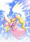  1girl angel_wings blonde_hair blue_background boots choker cure_angel_(fresh_precure!) cure_peach feathers fresh_precure! hair_ornament hairpin haru_(nature_life) heart heart_hands knee_boots long_hair magical_girl momozono_love pink_eyes precure purple_legwear skirt sky smile solo thigh-highs twintails white_wings wings wrist_cuffs 