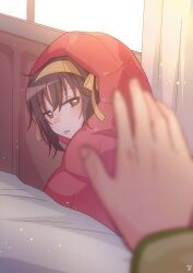 1boy 1girl bed brown_eyes brown_hair commentary_request curtains hair_ribbon hairband highres indoors kyon long_sleeves medium_hair pov pov_hands ribbon simple_background sleeping_bag suzumiya_haruhi suzumiya_haruhi_no_shoushitsu suzumiya_haruhi_no_yuuutsu taiki_(6240taiki) white_background window yellow_hairband yellow_ribbon 