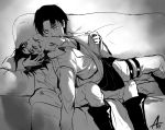  2boys biting blood clothes_pull couch eren_jaeger hand_on_another&#039;s_head injury levi_(shingeki_no_kyojin) looking_at_viewer monochrome multiple_boys neck_biting shingeki_no_kyojin sitting yaoi yu_da-young 