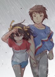  1boy 1girl absurdres blue_shirt blue_shorts brown_eyes brown_hair casual closed_mouth collarbone commentary_request hairband highres holding_hands kyon looking_at_viewer medium_hair midriff_peek one_eye_closed pants rain red_shirt ribbon shirt short_hair short_sleeves shorts simple_background striped_clothes striped_shirt suzumiya_haruhi suzumiya_haruhi_no_yuuutsu t-shirt taiki_(6240taiki) thighs two-tone_shirt walking wet white_background white_pants white_shirt yellow_hairband yellow_ribbon 