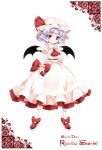  1girl ascot bat_wings blue_hair brooch cocozasa dress hand_on_hip hat hat_ribbon highres jewelry looking_at_viewer pink_dress puffy_sleeves red_eyes remilia_scarlet ribbon short_sleeves slit_pupils smile solo touhou wings wrist_cuffs 