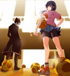  1boy 1girl bandages basketball basketball_court bike_shorts black_hair formal kaiki_deishuu kanbaru_suruga looking_back monogatari_(series) orange_cassis orange_eyes purple_hair school_uniform short_hair smile suit twintails 