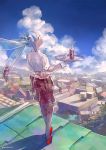  city clouds detached_sleeves drink drinking_glass from_behind long_hair looking_back original pomodorosa rooftop sky solo transparent twintails wrist_cuffs 
