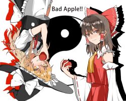  2girls apple apron ascot bad_apple!! black_vest blonde_hair bow braid brown_eyes brown_hair closed_mouth commentary_request detached_sleeves english_text food frilled_bow frilled_hair_tubes frills fruit grin hair_bow hair_tubes hakurei_reimu hat hat_bow hitte5416 holding holding_food holding_fruit kirisame_marisa long_hair looking_at_viewer multiple_girls puffy_short_sleeves puffy_sleeves red_bow red_skirt ribbon-trimmed_sleeves ribbon_trim shadow short_sleeves side_braid single_braid skirt skirt_set smile touhou upside-down vest waist_apron white_apron white_bow witch_hat yellow_ascot yellow_eyes yin_yang 