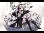  1girl black_boots black_dress black_wings boots doll_joints dress flower hairband knee_boots letterboxed lolita_fashion lolita_hairband long_hair long_sleeves rozen_maiden shiina_shian silver_hair sitting solo suigintou violet_eyes wings 