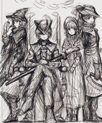  4girls asakura_toru bloodborne capelet commentary_request cosplay crossed_legs dress fukumaru_koito grey_background greyscale hat highres higuchi_madoka hunter_(bloodborne) hunter_(bloodborne)_(cosplay) ichikawa_hinana idolmaster idolmaster_shiny_colors isoginn_chuck lady_maria_of_the_astral_clocktower lady_maria_of_the_astral_clocktower_(cosplay) long_dress long_hair monochrome multiple_girls noctchill_(idolmaster) one_eye_closed plain_doll plain_doll_(cosplay) saw saw_cleaver short_hair sitting sketch standing sword weapon 