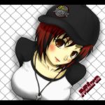  1girl arms_behind_back bandaid baseball_cap blush border breasts chain-link_fence collarbone dead_or_alive dead_or_alive_5 hat jewelry key koshirou large_breasts leaning_forward looking_at_viewer mila_(doa) necklace raglan_sleeves red_eyes redhead short_hair solo 