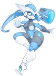  1girl blue_eyes breasts helmet highres long_hair n01sb open_mouth original ponytail robot slugbox smile solo 