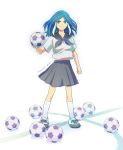  1girl blue_eyes blue_hair casual english football_(object) full_body highres holding inazuma_eleven inazuma_eleven_(series) kneehighs long_hair multicolored_hair pleated_skirt school_uniform shiromi-12 skirt solo standing two-tone_hair urubida white_background white_hair white_legwear wind 