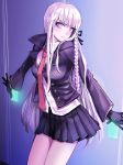  1girl braid breasts dangan_ronpa gloves hair_ribbon kirigiri_kyouko long_hair necktie pleated_skirt potti-p purple_hair ribbon skirt solo violet_eyes 