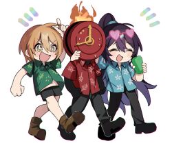  1boy 1girl 1other black_footwear black_hair black_pants black_skin blonde_hair blue_shirt boots brown_footwear clock closed_eyes collared_shirt colored_skin cup dante_(limbus_company) don_quixote_(project_moon) fire hand_up hawaiian_shirt highres holding holding_cup hong_lu_(project_moon) limbus_company long_hair mu46016419 object_head open_mouth pants ponytail project_moon shirt shoes short_hair simple_background smile sweat tingtang_gang_(identity)_(project_moon) very_long_hair white_background yellow_eyes 