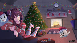  background background_art bell blue_eyes brown_hair buns chimney christmas christmas_clothing christmas_lights christmas_present christmas_sock christmas_sweater christmas_tree cookie fanart ghost long_hair long_socks looking_at_viewer mao13 recliner ribbons saliva_drip santa_hat shuga_sukaru sitting_on_chair sitting_on_sofa smiling_at_viewer vtuber vtuberfanart winking 