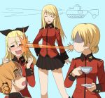  assam blonde_hair blue_eyes braid darjeeling earl_grey_(girls_und_panzer) girls_und_panzer hair_ribbon long_hair multiple_girls necktie open_mouth orange_pekoe ribbon short_hair spit_take spitting translation_request uniform yudoufu 