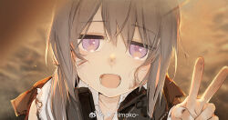  1girl burnt_clothes commentary ear_protection english_commentary girls_frontline grey_hair headphones headphones_around_neck highres imoko_(imonatsuki) injury looking_at_viewer lower_teeth_only m200_(girls'_frontline) open_mouth scrape tearing_up teeth tongue v violet_eyes weibo_logo weibo_watermark 