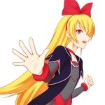 1girl :d blonde_hair dokidoki!_precure hairband long_hair mitsuba_(328cal) open_mouth outstretched_hand precure profile red_eyes red_ribbon regina_(dokidoki!_precure) ribbon simple_background smile white_background 