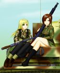  2girls assault_rifle belt blonde_hair boots brown_eyes brown_hair caterpillar_tracks dragoon_(dragon_w) green_eyes gun highres holster long_hair machine_gun mg42 military military_uniform military_vehicle multiple_girls original ponytail pouch rifle shovel sitting soldier stg44 tank thigh-highs uniform vehicle weapon worktool world_war_ii 