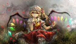  1girl ascot blonde_hair cerasus_(wjf86055750) crystal finger_to_mouth flandre_scarlet hat long_hair petals red_eyes side_ponytail skirt skirt_set smile solo touhou wings wrist_cuffs 