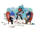  acute_(vocaloid) alternate_costume blue_eyes blue_hair choker cup flower gloves guitar heart instrument kaito knife mask multiple_persona musical_note project_diva_f rose smile unhappy_refrain_(vocaloid) v vocaloid wink 