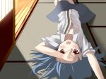  1girl barefoot blouse blue_hair hand_on_forehead highres hinanawi_tenshi indoors long_hair looking_at_viewer lying nagihashk no_hat on_back open_clothes open_mouth open_shirt red_eyes skirt sliding_doors tatami touhou wet 