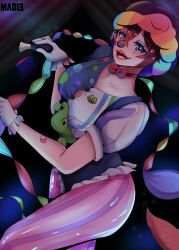  :) background background_art blue_eyes boob_window bowtie breasts brown_hair clown clown_clothes clown_nose cornet_(instrument) fanart frog horn_(instrument) looking_at_viewer lycra mao13 open_mouth pink_pants rainbow_hair short_hair sirivt smiling_at_viewer teddy vtuber vtuberfanart white_gloves 