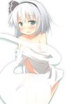  1girl blue_eyes blush breasts cleavage dress_shirt hitodama konpaku_youmu konpaku_youmu_(ghost) looking_at_viewer panties ran_(9ens2000) shirt short_hair silver_hair simple_background small_breasts touhou underwear white_background white_panties 