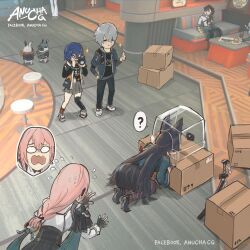  3girls ? animal_ears anucha_cg artist_name bangboo_(zenless_zone_zero) belle_(zenless_zone_zero) box camera commentary english_commentary hello_street_cat highres holding holding_camera hoshimi_miyabi katana meme mr._fresh multiple_girls spoken_question_mark sword tagme thumbs_up tsukishiro_yanagi weapon wise_(zenless_zone_zero) 