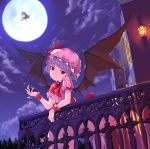  2girls ascot balcony bat_wings brooch broom clock clouds cup dress flying forest full_moon hand_on_hat hat hat_ribbon head_tilt jewelry kirisame_marisa lavender_hair light looking_at_viewer mob_cap moon multiple_girls nature nevi_nakuta night outdoors puffy_short_sleeves puffy_sleeves red_eyes remilia_scarlet ribbon sash short_hair short_sleeves silhouette smile solo_focus touhou tower window wine_glass wings wrist_cuffs 