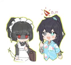  1boy 1girl :d angry apron aqua_eyes arm_tattoo black_eyes black_hair blue_shirt blunt_bangs blush bracelet collared_shirt empty_eyes hawaiian_shirt heterochromia hong_lu_(project_moon) jewelry juliet_sleeves knife limbus_company long_hair long_sleeves maid munh422 pointing pointing_up ponytail project_moon puffy_sleeves red_eyes ryoshu_(project_moon) shaded_face shirt short_hair short_sleeves simple_background smile straight_hair tattoo tingtang_gang_(identity)_(project_moon) upper_body white_apron white_background wuthering_heights_(identity)_(project_moon) 
