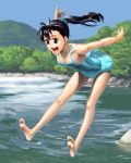  1girl barefoot black_hair brown_eyes casual_one-piece_swimsuit francine_(daijaemon) jumping long_hair one-piece_swimsuit original swimsuit 