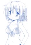  1girl absurdres bare_shoulders bikini_top blue_eyes blue_hair bust hair_ornament hairclip highres looking_at_viewer mahou_shoujo_madoka_magica miki_sayaka monochrome navel solo tsubaki_(tatajd) 