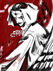  1boy alternate_form closed_mouth cowboy_shot eyelashes greyscale_with_colored_background headband headscarf highres jewelry makeup male_focus necklace one_piece onex1x pearl_necklace pell red_background smile solo wings 