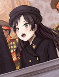  1girl 2boys black_hair brooch buttons child chinese_commentary coat double-breasted grey_eyes hat highres jewelry kim_ju-ae long_hair military_uniform multiple_boys north_korea open_mouth pale_skin real_life soldier solo_focus wuyuu 