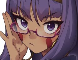  1girl blush dark-skinned_female dark_skin earrings facepaint facial_mark fate/grand_order fate_(series) glasses hairband hoop_earrings jewelry long_hair looking_at_viewer mitsurugi_sugar nitocris_(fate) purple_hair sidelocks solo violet_eyes 