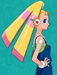  1girl alternate_costume android blonde_hair blue_background blue_eyes blue_overalls cairngorm999 cowboy_shot disembodied_hand from_side green_shirt highres mega_man_(series) mega_man_x_(series) overalls pallette_(mega_man) profile robot_girl shirt simple_background solo strapless strapless_shirt twintails 
