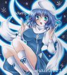  1girl apron blue_eyes blue_hair blush boots breasts hat letty_whiterock long_sleeves marker_(medium) open_mouth puffy_long_sleeves puffy_sleeves ryumaira scarf short_hair sitting skirt smile snow snowflakes solo touhou traditional_media vest 