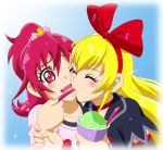  2girls aida_mana blonde_hair blue_background blush bust cheek-to-cheek closed_eyes couple dokidoki!_precure eating eyelashes food fuchi_(nightmare) hairband half_updo happy highres ice_cream long_hair multiple_girls pink_eyes pink_hair precure red_ribbon regina_(dokidoki!_precure) ribbon short_hair smile spoon wink wrist_grab 