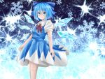  1girl blue_eyes blue_hair bow cirno dress gradient gradient_background hair_bow leaning_back light_smile looking_at_viewer puffy_short_sleeves puffy_sleeves ribbon short_hair short_sleeves snowflakes solo sparkle touhou wings yunagi_(arukumaruta) 