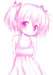  1girl absurdres arms_behind_back bare_shoulders dress hair_ribbon highres kaname_madoka looking_at_viewer mahou_shoujo_madoka_magica monochrome pink_eyes pink_hair ribbon smile solo tsubaki_(tatajd) twintails 