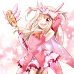  1girl ;d armpits elbow_gloves fate/kaleid_liner_prisma_illya fate_(series) gloves holiday-jin illyasviel_von_einzbern long_hair magical_girl open_mouth prisma_illya red_eyes smile solo thigh-highs two_side_up v wand white_hair wink 