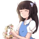  1girl aya_drevis bangs black_hair blunt_bangs blush bow closed_eyes collared_shirt dress flower hair_bow hair_ornament hiki-wota holding long_hair mad_father open_mouth smile solo sunlight young 