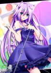  1girl akira_oto animal_ears bare_shoulders blue_eyes braid cat_ears collar collarbone dress frills highres long_hair looking_at_viewer microphone microphone_stand original purple_hair solo standing strap_slip tail twin_braids very_long_hair zoom_layer 