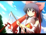 1girl ascot bare_shoulders black_hair blue_sky bow detached_sleeves gohei hair_bow hair_tubes hakurei_reimu looking_at_viewer payot red_eyes scarf sky solo sora_no_amagumo torii touhou 