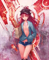  1girl apple bag baguette baseball_cap bread breasts carrying collarbone food food_in_mouth fruit hand_in_pocket hat kanini leaning_back long_hair looking_at_viewer magical_girl mahou_shoujo_madoka_magica midriff mouth_hold navel open_clothes open_fly open_shirt pocky red_eyes redhead sakura_kyouko shopping_bag short_shorts shorts solo unzipped very_long_hair wall 