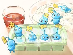  black_eyes blue_skin bowl closed_eyes colored_skin creature_focus flower food food_focus glass ice ice_cube ice_pikmin no_humans no_mouth nola_crowe noodles oversized_food oversized_object pasta pikmin_(creature) pikmin_(series) shadow sitting sleeping soumen standing tea white_background yellow_flower 