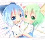  2girls akisha blue_eyes blue_hair blush bow cirno daiyousei fang green_eyes green_hair hair_bow heart hug ice ice_wings looking_at_viewer multiple_girls open_mouth short_hair side_ponytail smile touhou wings 