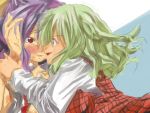  2girls blush green_hair kazami_yuuka long_hair multiple_girls open_clothes open_shirt ponytail purple_hair red_eyes torn_clothes touhou vest watatsuki_no_yorihime yohane 