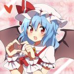  1girl bat_wings blue_hair dress flower_(symbol) hat heart jewelry looking_at_viewer mob_cap open_mouth pink_dress red_eyes remilia_scarlet ribbon saibi short_hair smile solo touhou vampire wings 