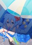  1girl blue_eyes blue_hair bracelet flower hair_flower hair_ornament hatsune_miku itou_(mogura) jewelry mouth_hold popsicle solo vocaloid wading_pool water_gun wet 